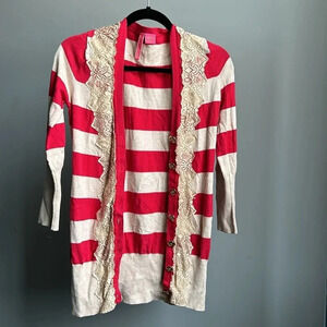 Charlotte Red & Tan Striped Cardigan Sweater with Lace | Cardigan | Stripes